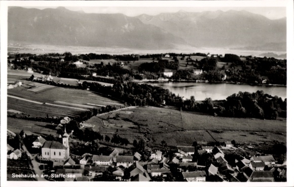 Postcard Seehausen am Staffelsee, panoramic view of Seehausen, Staffelsee, black and white photography