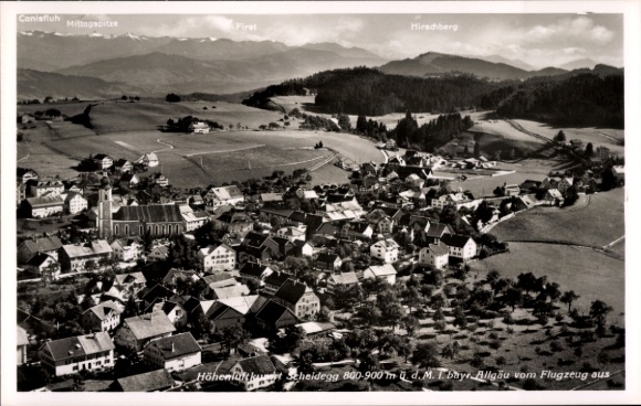 Postcard Scheidegg in Allgäu Swabia, aerial photograph