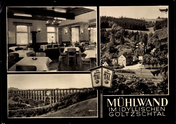 Postcard Mühlwand Limbach im Vogtland, Zum Grünen Tal, dining room, viaduct
