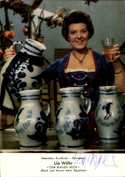 Postcard actress Lia Wöhr, portrait, Zum blauen Bock, music and humor at Äppelwoi, autograph