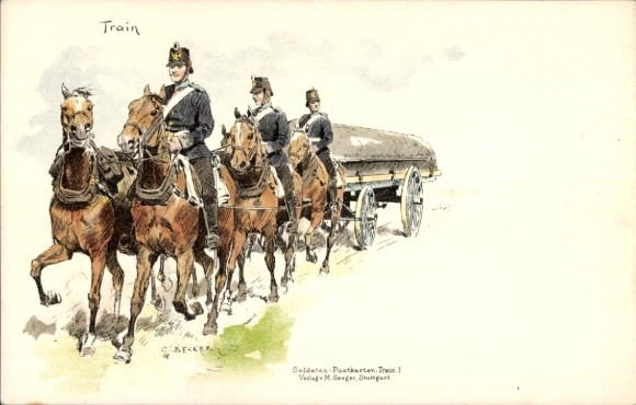 Kunstenaar litho Becker, C., Gardetrein, soldaten in uniform