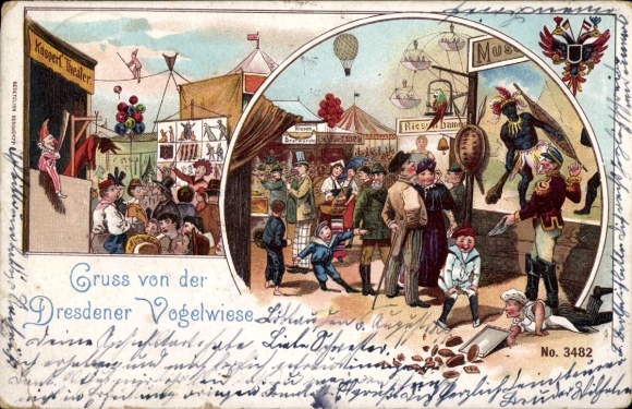 Litho Dresden Altstadt Johannstadt, Gruß von der Vogelwiese, Jahrmarkt, Riesenrad, Kasperl Theater