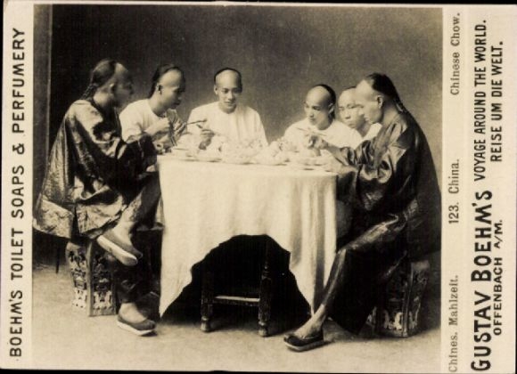 foto China, Chinese mensen die eten, Gustav Boehm's wereldreis, reclame voor Boehm's Toilet Soaps