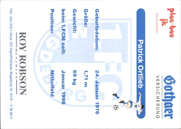 Handtekeningkaart voetballer Patrick Ortlieb, 1. FC Magdeburg, handtekening