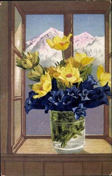 Postcard Nenke and Ostermaier 515, gentian and yellow flowers, photochromia