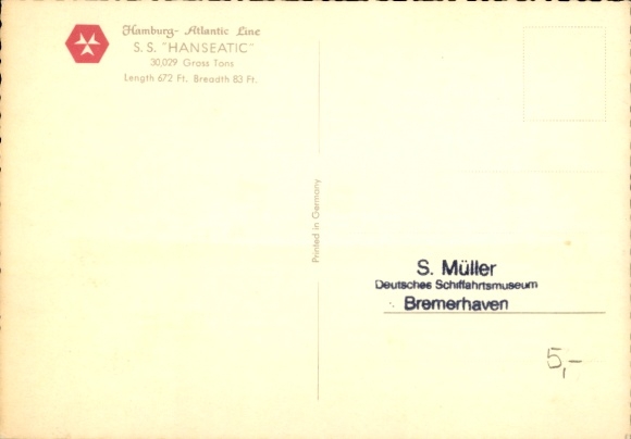 Postcard Hamburg Atlantic Line, fast steamer SS Hanseatic