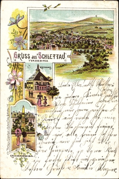 litho Schlettau in het Ertsgebergte, panorama, stadhuis, oorlogsmonument