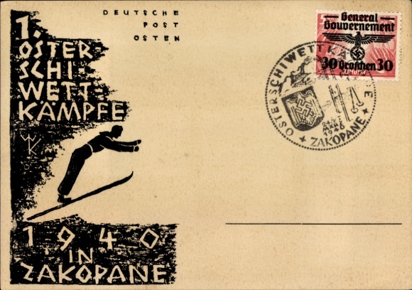 Artist Postcard Zakopane Poland, 1st Easter Ski Competitions 1940