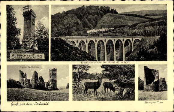 Postcard Hochwald Waldbröl in the Oberbergisches Land, observation tower, railway bridge near Höxel, ruins