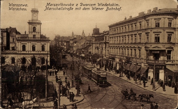 Postcard Warszawa Warsaw Poland, Marschallstraße, Wiener Bahnhof, tram line 3