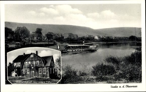 Postcard Vaake Reinhardshagen on the Weser Hesse, restaurant, steamer