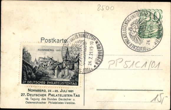 Postal stationery coat of arms PC Nuremberg in Middle Franconia Bavaria, 27th German Philatelic Day 1921