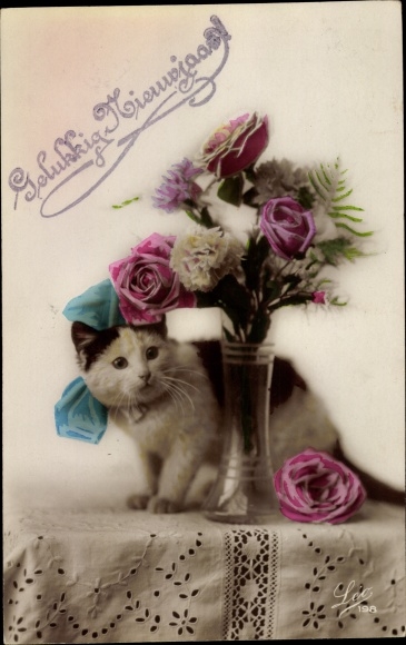 Postcard Happy New Year, roses in the flower vase, cat with a bow