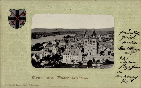 Embossed Postcard Andernach am Rhein, general view, coat of arms