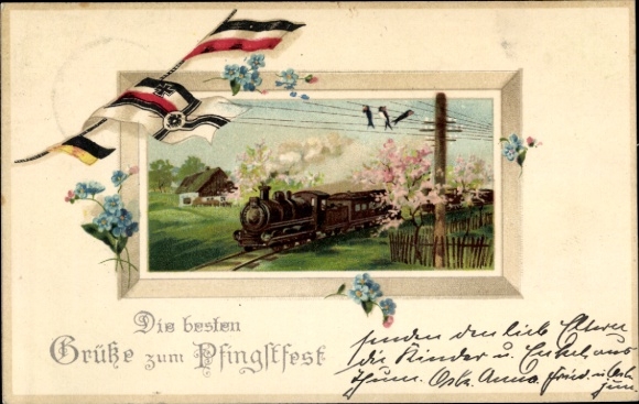 Greetings for Pentecost, locomotive in motion, flags