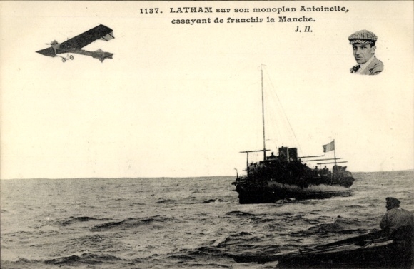 Postcard Latham attempts to cross the English Channel with his Antoinette monoplane