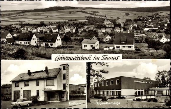 Ak Grävenwiesbach im Taunus, overzicht, gemeentehuis, jeugdherberg
