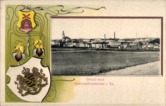 Embossed coat of arms Postcard Großröhrsdorf in Saxony, general view of the village, church, chimneys