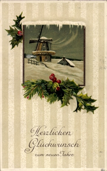 Passepartout Postcard Happy New Year, snow-covered windmill, holly branches