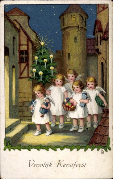 Artist Postcard Döring, Lia, Happy Christmas, Angel with Christmas tree