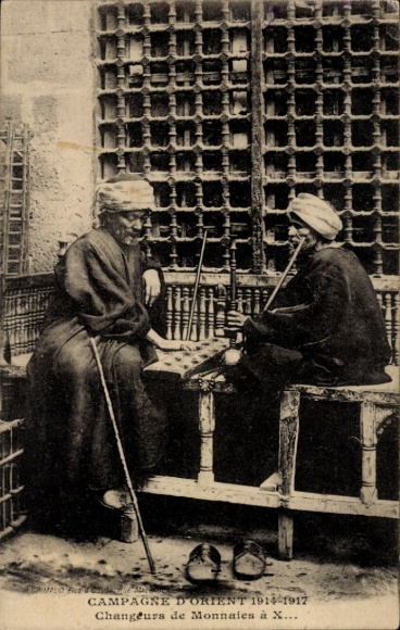 Postcard Maghreb, money exchange, two men at the table in traditional costumes, I. WK