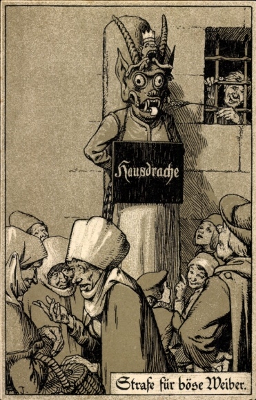 Artist Postcard Punishment for evil women, house dragon, pillory