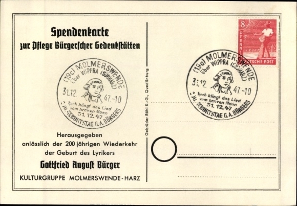Paper cut Postcard Molmerswende, Gottfried August Bürger, poet, profile, The Night Celebration of Venus