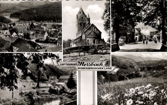 Ak Morsbach in de Oberbergischer Kreis, algemeen beeld, kerk, bloemenweide, straat