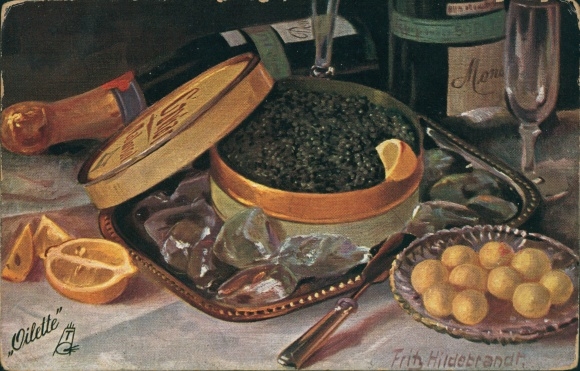 Kunstenaarskaart Hildebrandt, F., fruit, citroen, kaviaar, champagnefles, eten, bestek