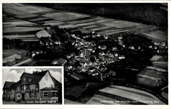 Postcard Altenritte Altenridde Baunatal Hesse, aerial photograph, Gasthaus Metzgerei Werner