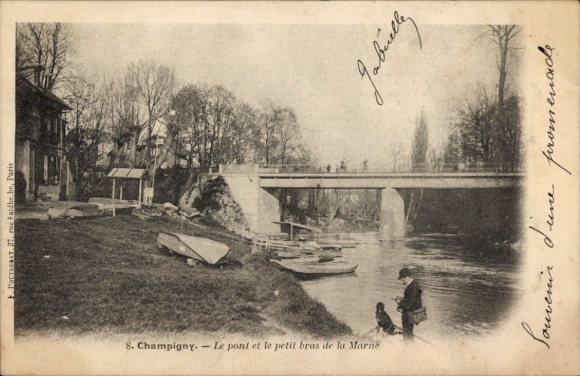 Ak Champigny sur Marne Val de Marne, Brücke, kleiner Arm der Marne, Menschen, Boote, Landschaft, 
