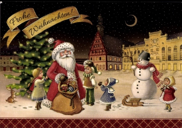 Ak Frohe Weihnachten, Weihnachtsmann auf dem Marktplatz, Schneemann, Kinder
