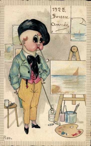 Artist Postcard Pippo, painter with pipe in front of the easel
