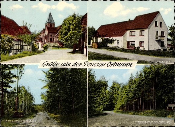 Postcard Bad Holzhausen Lübbecke in Ostwestfalen, Kirchpartie, Pension Ortmann, Waldweg