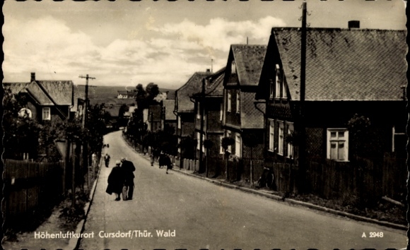 Postcard Cursdorf in Thuringia, street, passers-by, houses