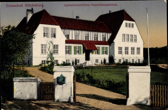 Postcard Glücksburg on the Baltic Sea, agricultural housekeeping school