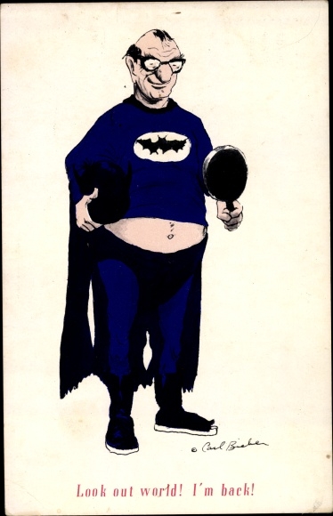 Artist Postcard Bieber, Carl, Look out world, I&#39;m back, Batman, caricature