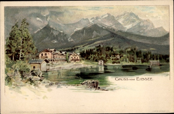 Artist Chromo-Litho Deuchert, H., Grainau in Upper Bavaria, Eibsee, mountains