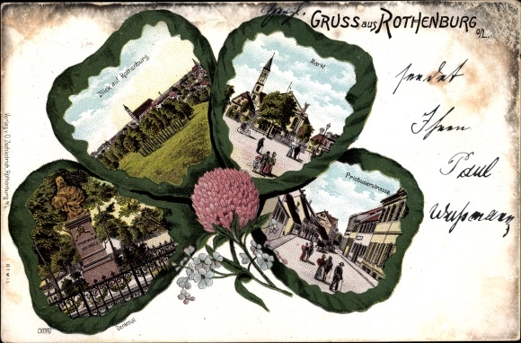 Cloverleaf litho Rothenburg in Oberlausitz, market, Priebuserstraße, monument, view of the town