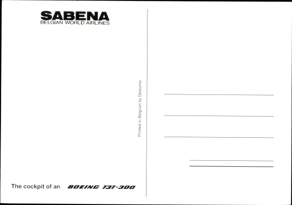 Postcard passenger aircraft Boeing 737-300, cockpit, Sabena, Belgian World Airlines