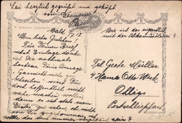 Song artists Postcard Vogt, Ernst, Schubert, Hannerl, Baron Schober, Dreimädlerhaus