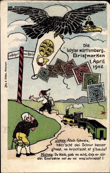 Briefmarken Ak Die letzten württembergischen Briefmarken, 1 April 1902, Deutscher Adler, Dt. Michel