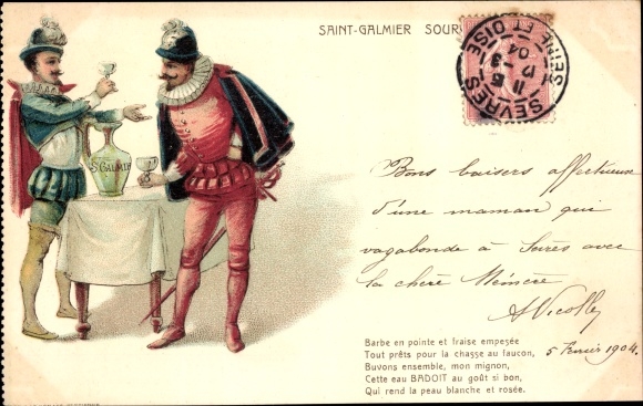 Postcard Saint Galmier Loire, Source Badoit, Reklame, Barbe en pointe and starched strawberry