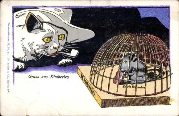 Künstler Ak Kimberley Südafrika, Cecil Rhodes als gefangene Maus, Burenkrieg, Gronje als Katze