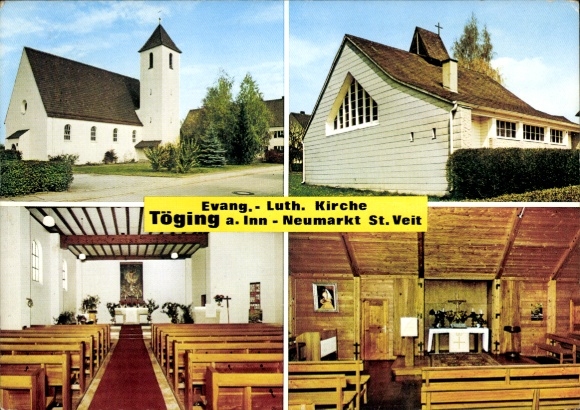 Ak Töging am Inn Oberbayern, Evang. Luth. Kirche, Innenansicht, Außenansicht, Festsaal, gemütl...