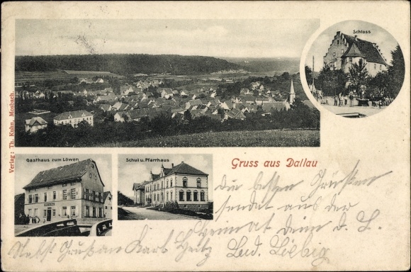 Postcard Dallau Elztal in the Odenwald, castle, school, vicarage, Inn zum Löwen, view of the town