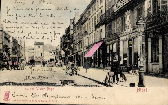 Postcard Niort Deux Sèvres, street La rue Victor Hugo, shops, people, dog,