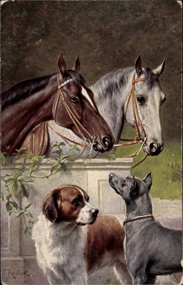 Artist PC Reichert, two horses and dogs, St. Bernard