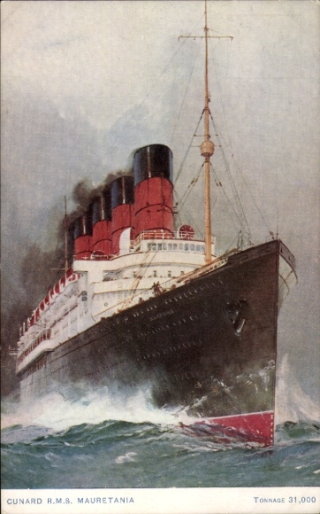 Postcard RMS Mauretania, Cunard Line, steamship at sea