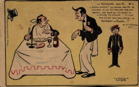 Künstler Ak Szene im Restaurant, Gast am Tisch, Kellner